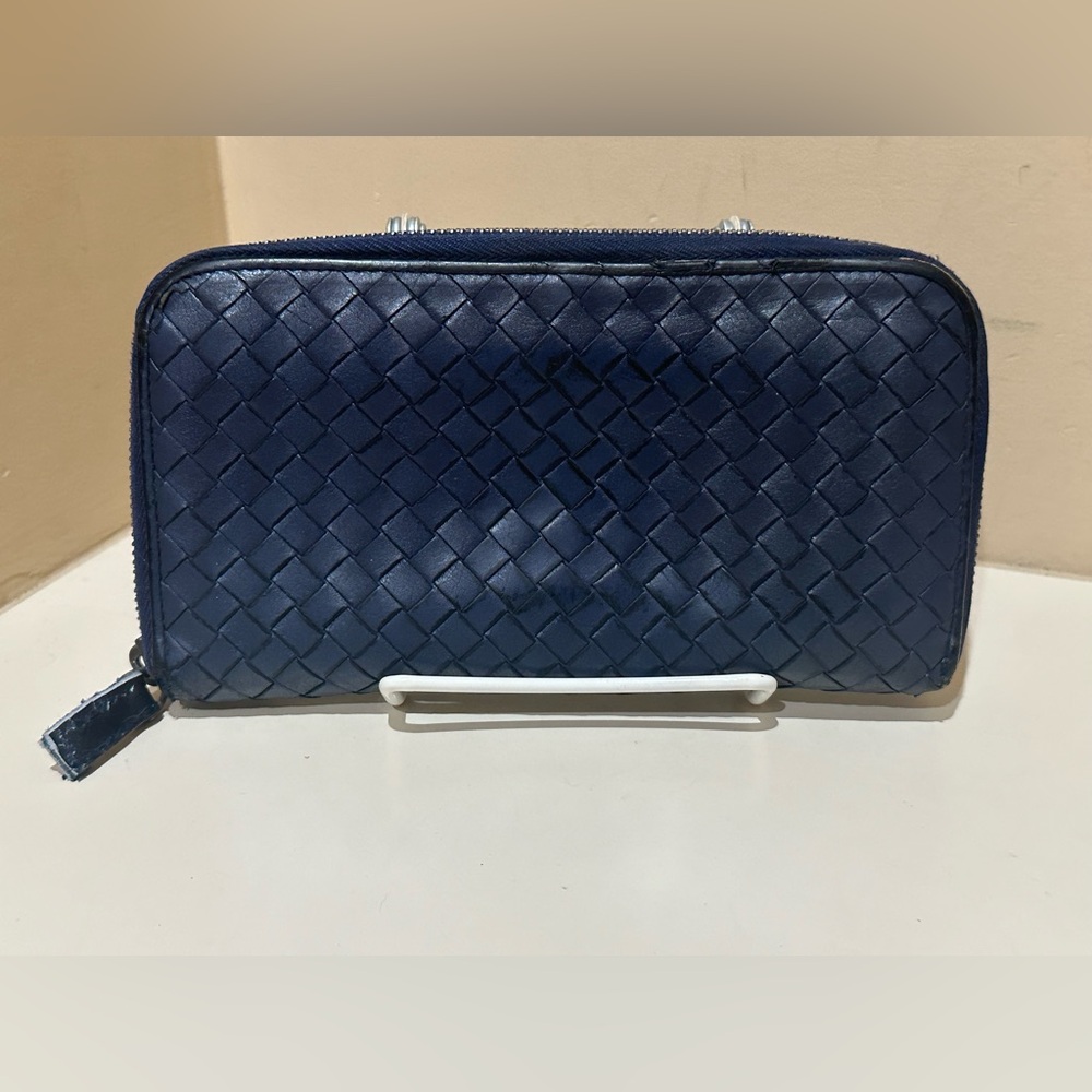 Bottega Veneta Navy Intreccio Zip Wallet